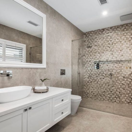 bathroom design, bathroom vanity, floating vanity, custom joinery, mosaic tiles, mosaic wall tiles, shower niche, shaker cabinet doors, in-wall cistern