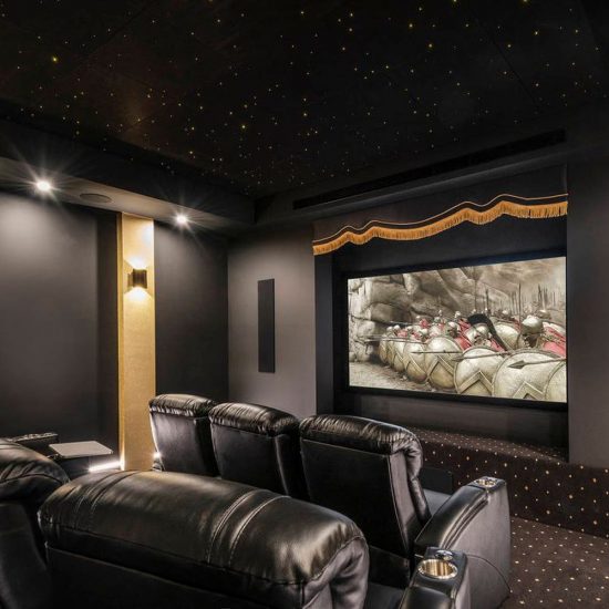 theatre room, home theatre, cinema room, home cinema, cinema room décor, theatre room décor, screen curtain, motorised curtain, motorised cinema curtain