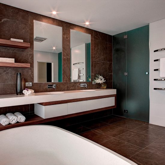 bathroom design, custom joinery, floating vanity, timber veneer shelving, floating shelves, luxury bathroom, contemporary bathroom, Apaiser vanity, Apaiser bath, freestanding bath, frameless shower screen, heated towel rails