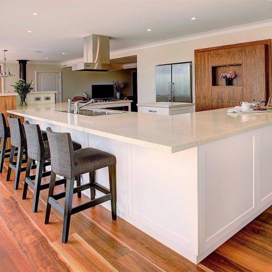 Kitchen design, timber veneer cabinets, floating rangehood, exposed rangehood