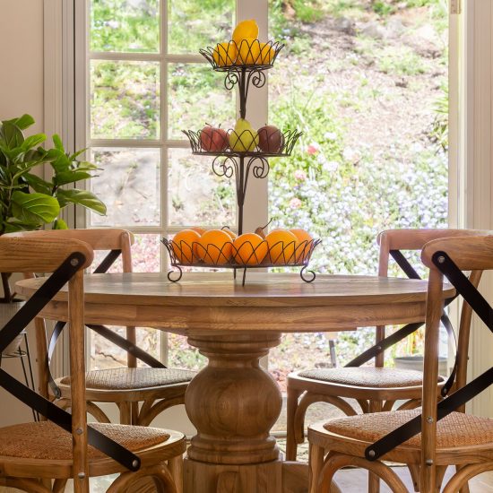 Hamptons kitchen, Hamptons style, Hamptons dining table and chairs, meals area, dining room, French doors, cross back chairs, pedestal dining table